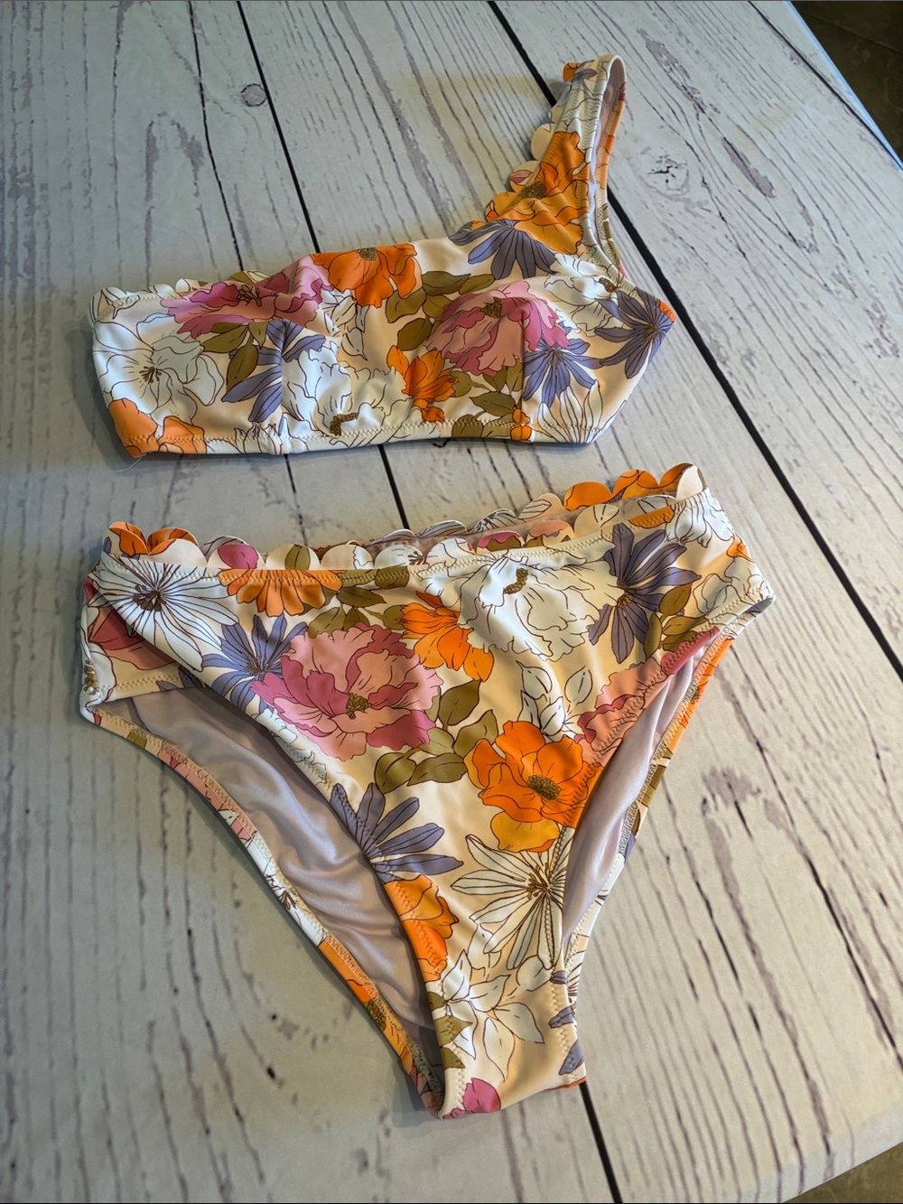 🎉NEW LISTING!🎉Floral One-Shoulder Bikini Set - Orange & Pink Floral